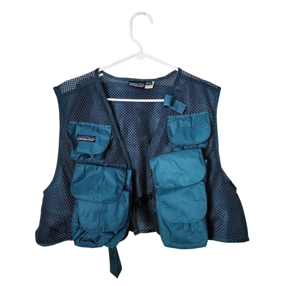 VINTAGE PATAGONIA Shortie Fishing Vest Mesh Utility Vest 90s Teal Crop‎ Cargo L